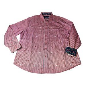 Robert Graham Button Shirt 3XL Vertical Striped Contrast Flip Cuff Embroidered
